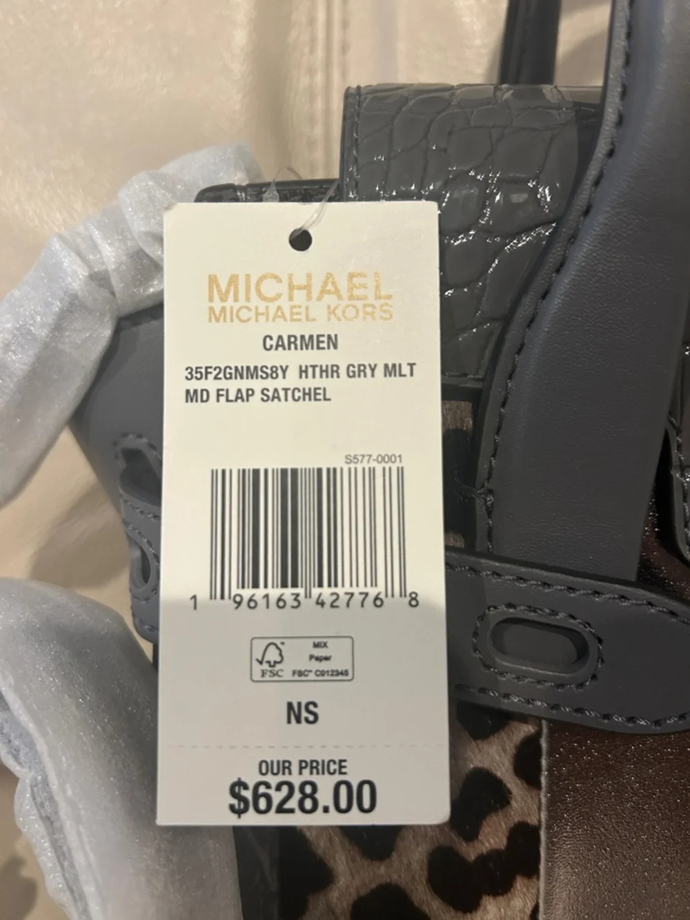 Michael Kors Carmen Heather Gray Mixed-Pattern Medium Satchel Bag Retail $628 - Picture 3 of 11